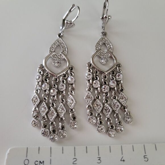 Earrings 𝅺Crystal Silver Tone Sparkly Chandelier Earrings #0347 - Picture 13 of 14